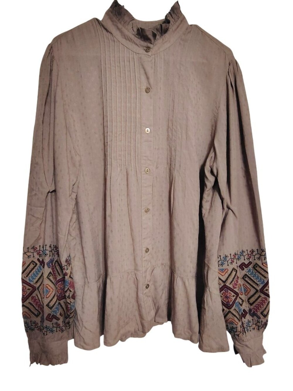 Double D Ranch Large Taupe Pheasant Blouse Button Embroidered Textured Pleated